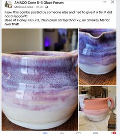 a purple and white bowl sitting on top of a wooden table