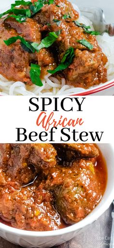 two pictures with different types of food in them and the words spicy african beef stew