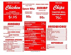 the menu for chicken and chips is shown in red