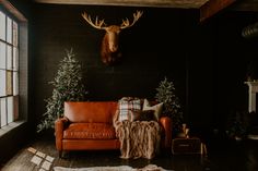 a living room filled with furniture and a deer head mounted on the wall