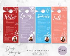 three door hangers with snowflakes on them and the words winter, spring, fall