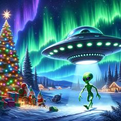 an alien is walking in front of a christmas tree and the aurora lights are shining brightly