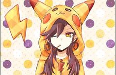 a girl in a pikachu outfit with an arrow above her head and dots on the background