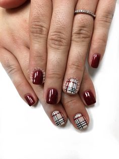 Burgundy Nails With Plaid, Wine Plaid Nails, Nail Art Designs For Fall Plaid, Fall Nails 2023 Plaid, Plaid Fingernail Designs, Burberry Plaid Nails, Plaid Nails Winter, Burberry Christmas Nails, Thanksgiving Plaid Nails