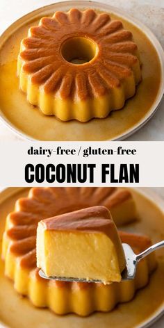 there is a piece of cake on the plate with a spoon in it and two pictures showing how to make coconut flan