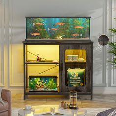 a living room filled with furniture and a fish tank