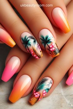 21 Tropical Nail Ideas to Brighten Your Look Monstera Leaf Nail Art, Tropical Nail Ideas, Vaca Nails, Palm Tree Nail Art, Tropical Nail Art, Nailart Ideas, Flamingo Nails, Tree Nail Art