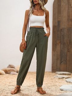 Verde militar Casual Collar  Tela tricotada Liso Jogger Embellished No-Elástico Casual Green Drawstring Pants, Green Ankle-length Parachute Pants For Summer, Green Summer Joggers With Elastic Waistband, Casual Drawstring Ankle-length Parachute Pants, Spring Ankle-length Parachute Pants With Drawstring, Jogger Outfit, Carrot Pants, Outfit Verano, Sporty Jacket