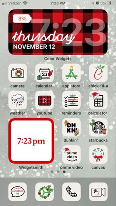 the holiday calendar is displayed on a cell phone with icons and numbers in red, white and black