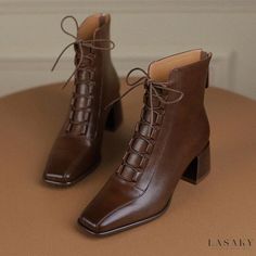 Lasaky - Brown Leather Chunky Heel High-Heeled Short Boots Rough Heels, Chunky Heel Ankle Boots, Designer High Heels, Block Heel Ankle Boots, Chunky High Heels, Brown Heels, High Heel Boots Ankle, Brown Ankle Boots, Fabulous Shoes