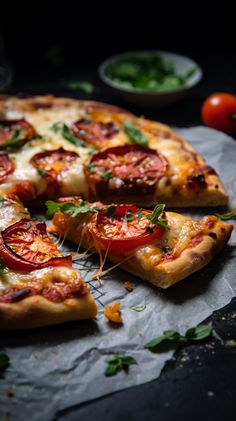 sliced pizza with tomatoes and basil on top