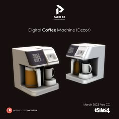 two coffee machines sitting next to each other on a black background with the words digital coffee machine decor