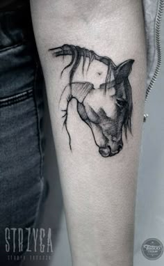 a black and white horse tattoo on the arm