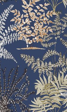 an image of a blue and gold wallpaper with plants on it's side