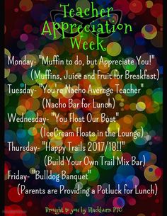 the teacher appreciation week poster is displayed in front of a blurry background with colorful lights