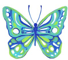 a drawing of a blue butterfly with green wings and white dots on it's wings