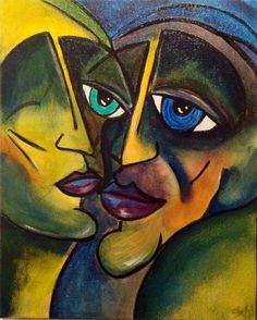 a painting of two faces with blue and yellow eyes, one is looking at the other