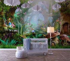 a baby's room with a wall mural and crib in the foreground