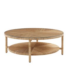 a round wooden table with two shelves on each side and an oval glass top in the middle