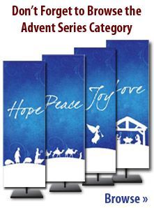 four banners with the words hope for you and three nativity scenes