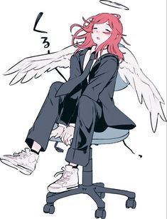 an anime character sitting on top of a chair with angel wings above her head and legs