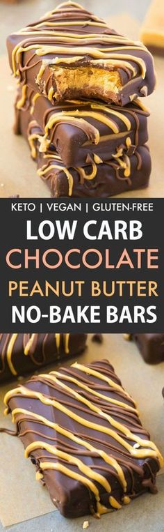 low carb chocolate peanut butter no - bake bars stacked on top of each other