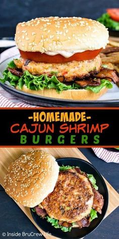 this homemade cajun shrimp burger is loaded with fresh ingredients and ready to be eaten