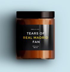 a jar of teas of real madrid fan on a blue background with the words tears of real madrid