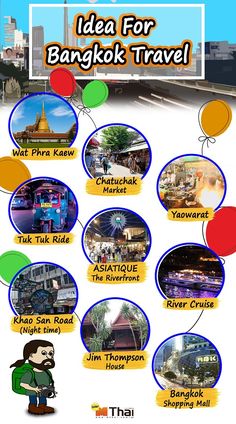 an advertisement for bangkok travel with many different pictures and words on the front, along with text below