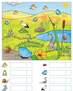 an image of animals and birds in the field with water, grass and flowers on it