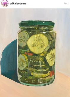 a painting of a jar filled with coins