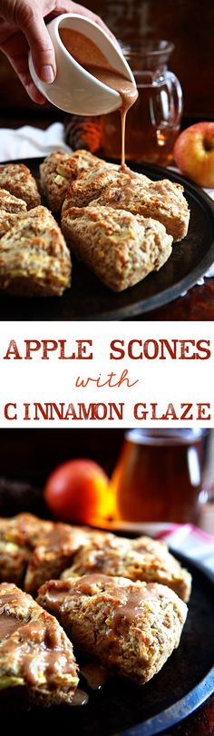 apple scones with cinnamon glaze are on a plate and being drizzled