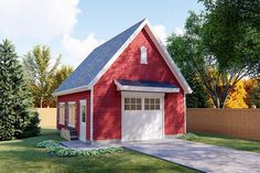 a small red garage with a white door and windows on the top floor is next to a wooden fence