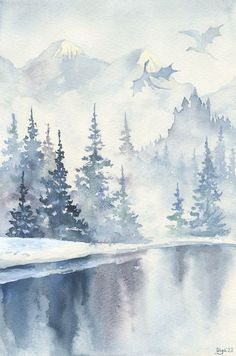 a watercolor painting of trees and mountains in the foggy sky above a lake