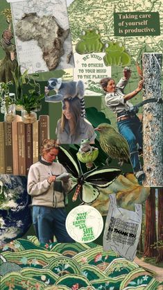 the collage shows people and animals in their natural habitat, including trees, plants, books, and other things