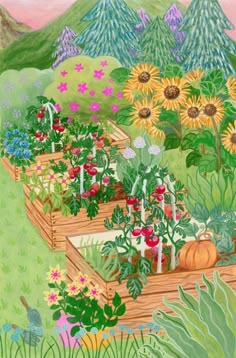 a painting of a garden with sunflowers and other plants