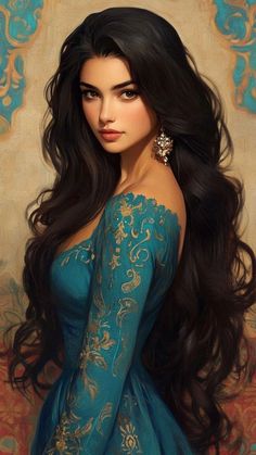 a painting of a woman with long black hair wearing a blue dress and diamond earrings