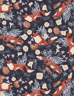 a pattern with foxes and flowers on a dark background