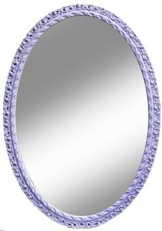 a round mirror with beaded trim around the edges is shown in purple and white