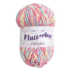 a ball of yarn that is multicolored and has the word flutterby chunk on