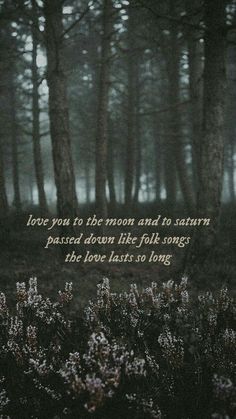 a forest filled with lots of trees and flowers next to a quote that reads love you to the moon and to saturn passed down like folk songs, the love last so long