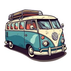 an old vw bus with surfboards on top