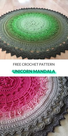 two circular crocheted rugs with the words free crochet pattern unicorn maniala