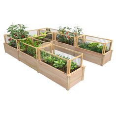 four wooden raised garden beds with plants growing in the top and bottom, on an isolated white background