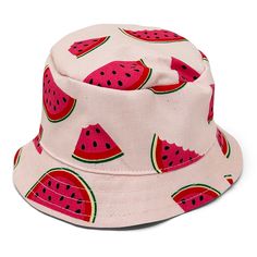 Behold this bucket hat adorned with cut-out seeded watermelon graphics, perfectly capturing the essence of summer. Its pull-string tie design adds a touch of versatility and style, making it a must-have accessory for any sunny adventure. Cotton Bucket Sun Hat For The Beach, Cotton Bucket Hat For Beach, Adjustable Cute Cotton Bucket Hat, Adjustable Cotton Summer Hat, Trendy Cotton Summer Hats, Trendy Beach Bucket Hat With Short Brim, Summer Bucket Hats For Beach Season, Spring Bucket Hat For Beach, Playful Cotton Bucket Hat For Vacation