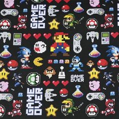 an image of video game pixel art on black fabric with white and red hearts in the background