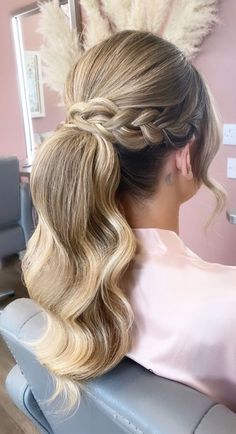 Formal Ponytail Hairstyles With Braids, Fancy Wedding Ponytail, Prom Ponytail Hairstyles High With Braid, Bridal High Ponytail Wedding Hairstyles, Braid Ponytail Wedding, Curled Ponytail Updo, High Ponytail Bridesmaid Hair, High Ponytail With Braid, Bridal High Ponytail