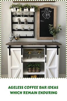 a coffee bar with shelves and plants on the top, in front of a chalkboard