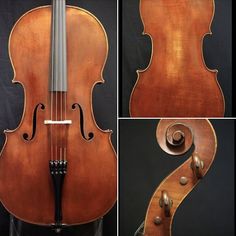 four different views of an old violin, including the back and side of the cello