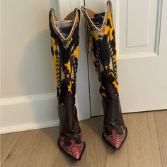 Gianmarco Lorenzi Snake And Pony Hair Boots. Size 36. Right Boot Has Heel Scuff But The Rest Of The Boots Are In Great Condition. Retails For Over $1800. Gianmarco Lorenzi Shoes, Tall Cowboy Boots, Gianmarco Lorenzi, Pony Hair, Over The Knee Boots, Over The Knee, Brown Gold, Cowboy Boots, Cowboy